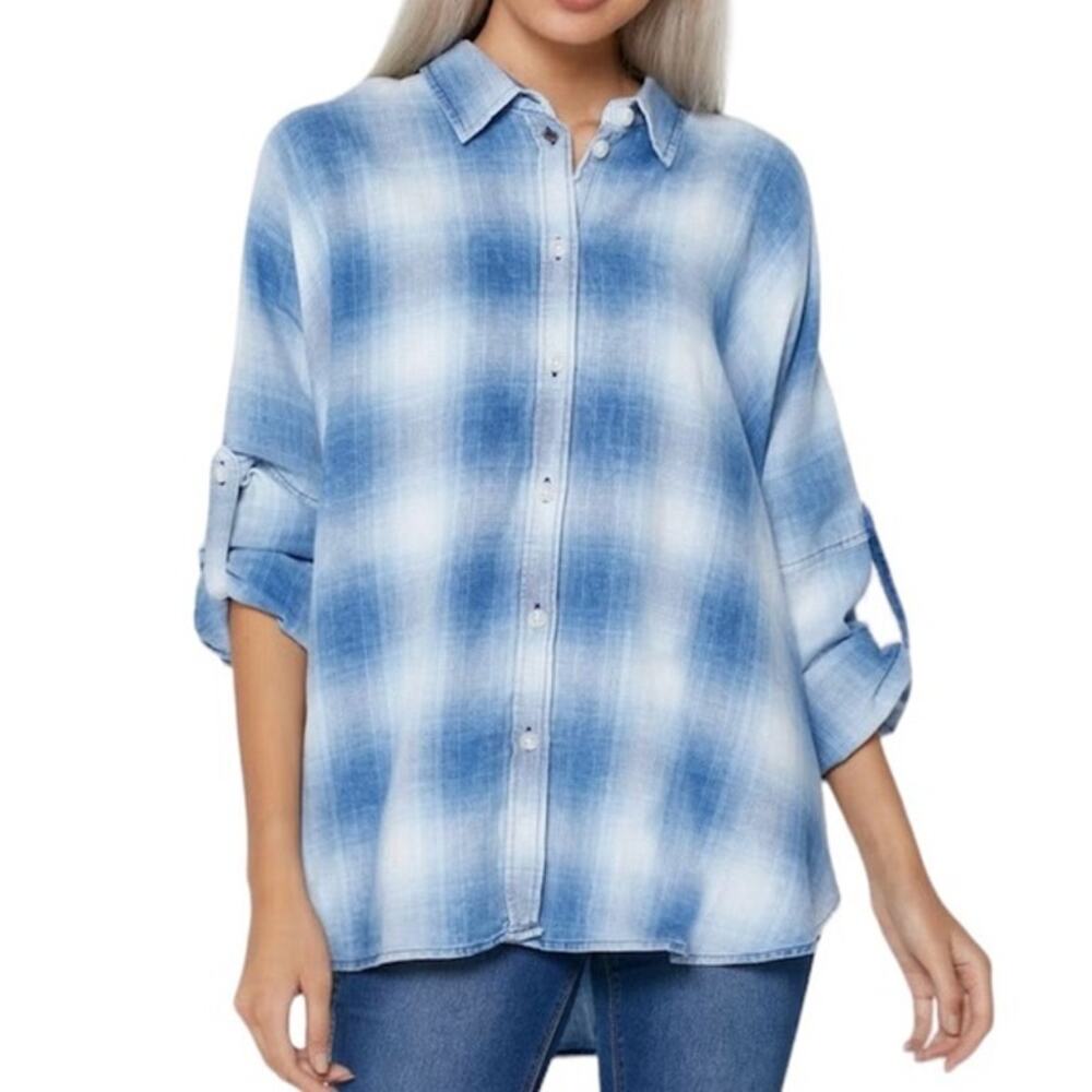American Eagle Oversized Roll Tab Sleeve Button Down Plaid Shirt Blue Size Small